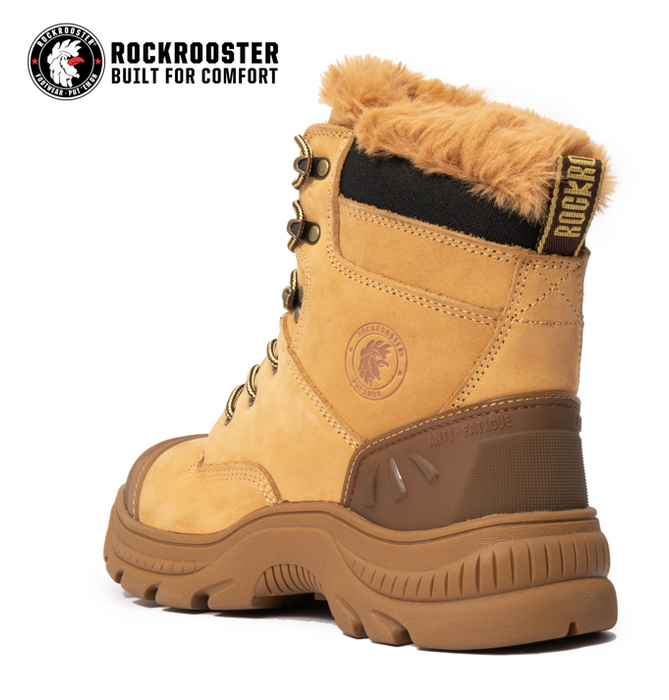 ROCKROOSTER Men's Winter Work Boots Steel Toe, 8 Inch Safety Leather, Slip Resistant, Thermal Insulated, Anti-Fatigue Industrial Boot  AK232 SNOW FORT
